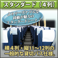 グレースライナーのスタンダード4列。車内の様子です。一般的な貸切バス仕様です。